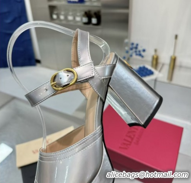 Sophisticated Valentino Fawcette Platform Sandals 10cm in Polished Calfskin Silver 0902045