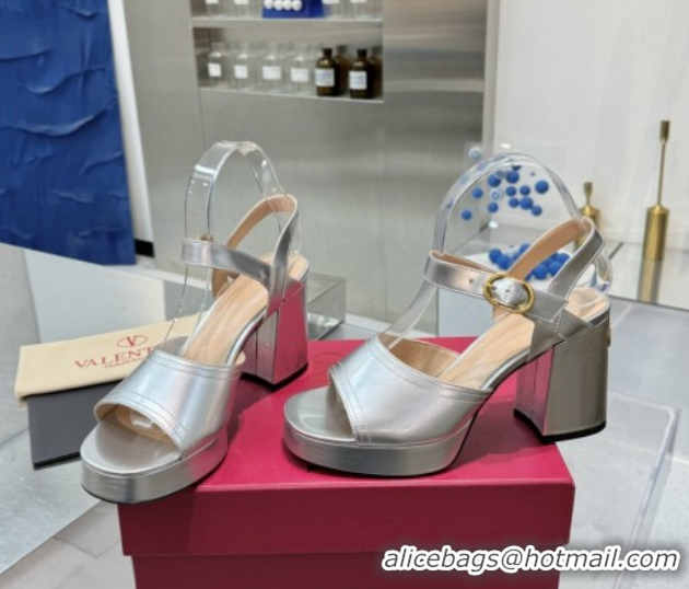 Sophisticated Valentino Fawcette Platform Sandals 10cm in Polished Calfskin Silver 0902045