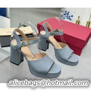 Good Quality Valentino Fawcette Platform Sandals 10cm in Polished Calfskin Light Blue 0902046