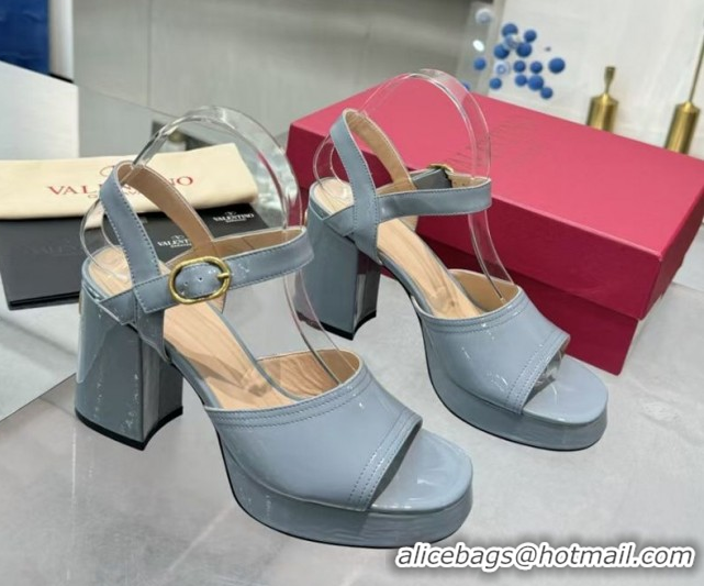 Good Quality Valentino Fawcette Platform Sandals 10cm in Polished Calfskin Light Blue 0902046