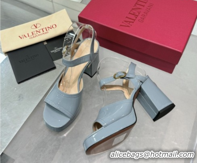 Good Quality Valentino Fawcette Platform Sandals 10cm in Polished Calfskin Light Blue 0902046
