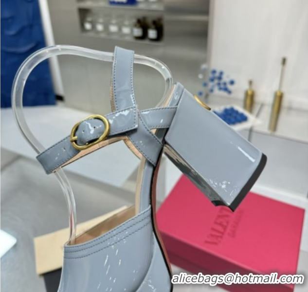 Good Quality Valentino Fawcette Platform Sandals 10cm in Polished Calfskin Light Blue 0902046