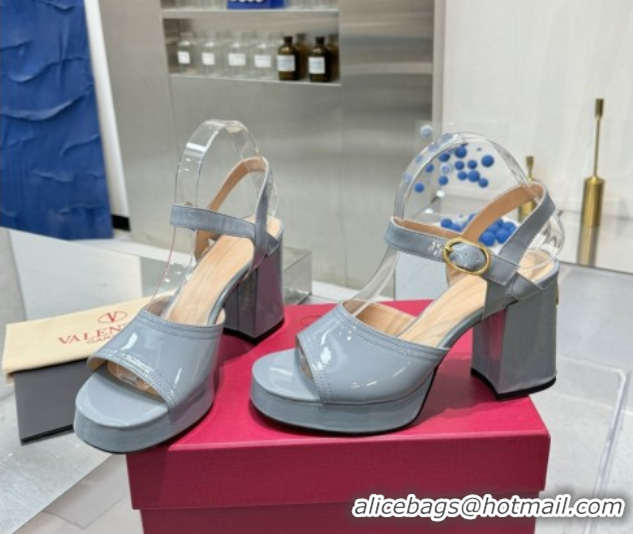 Good Quality Valentino Fawcette Platform Sandals 10cm in Polished Calfskin Light Blue 0902046