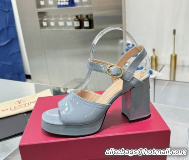Good Quality Valentino Fawcette Platform Sandals 10cm in Polished Calfskin Light Blue 0902046