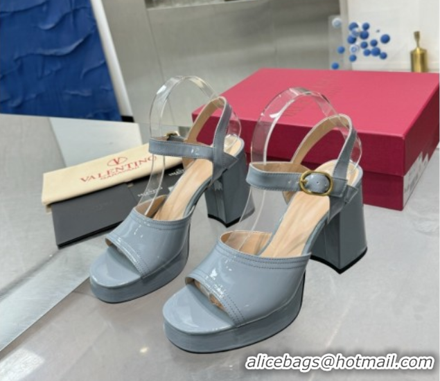 Good Quality Valentino Fawcette Platform Sandals 10cm in Polished Calfskin Light Blue 0902046
