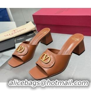 Duplicate Valentino Vlogo Signature Heel Slides Sandal 6cm in Calfskin Brown 0902047