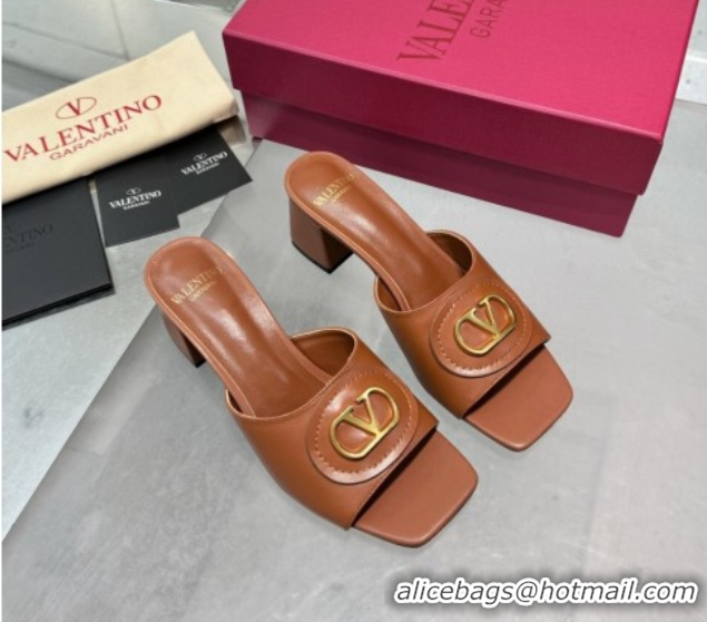 Duplicate Valentino Vlogo Signature Heel Slides Sandal 6cm in Calfskin Brown 0902047