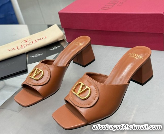 Duplicate Valentino Vlogo Signature Heel Slides Sandal 6cm in Calfskin Brown 0902047