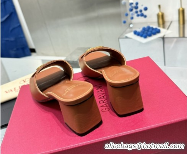 Duplicate Valentino Vlogo Signature Heel Slides Sandal 6cm in Calfskin Brown 0902047