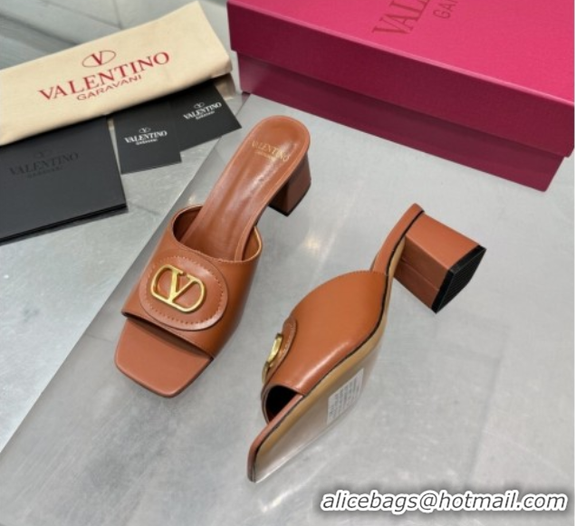 Duplicate Valentino Vlogo Signature Heel Slides Sandal 6cm in Calfskin Brown 0902047
