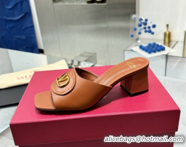 Duplicate Valentino Vlogo Signature Heel Slides Sandal 6cm in Calfskin Brown 0902047