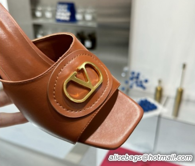 Duplicate Valentino Vlogo Signature Heel Slides Sandal 6cm in Calfskin Brown 0902047