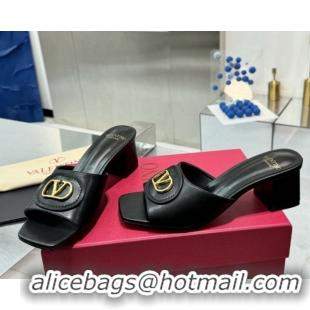 Stylish Valentino Vlogo Signature Heel Slides Sandal 6cm in Calfskin Black 0902048