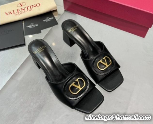 Stylish Valentino Vlogo Signature Heel Slides Sandal 6cm in Calfskin Black 0902048