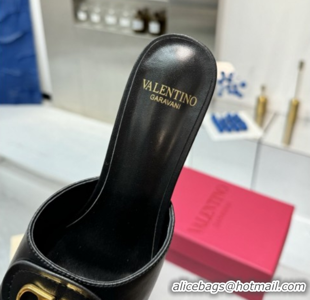 Stylish Valentino Vlogo Signature Heel Slides Sandal 6cm in Calfskin Black 0902048