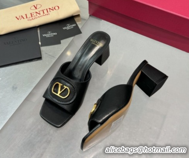 Stylish Valentino Vlogo Signature Heel Slides Sandal 6cm in Calfskin Black 0902048