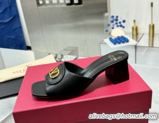Stylish Valentino Vlogo Signature Heel Slides Sandal 6cm in Calfskin Black 0902048