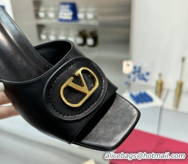 Stylish Valentino Vlogo Signature Heel Slides Sandal 6cm in Calfskin Black 0902048