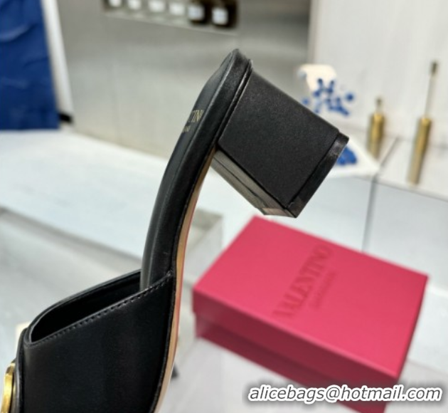Stylish Valentino Vlogo Signature Heel Slides Sandal 6cm in Calfskin Black 0902048