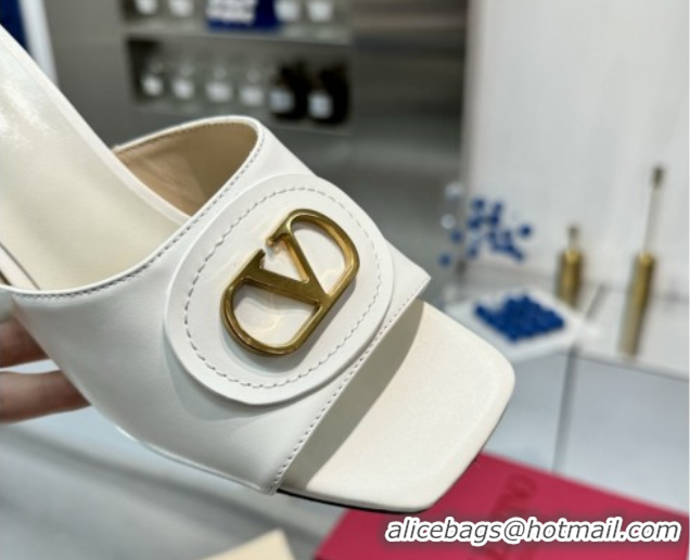 Perfect Valentino Vlogo Signature Heel Slides Sandal 6cm in Calfskin White 0902049