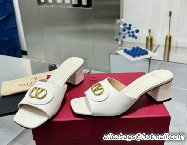 Perfect Valentino Vlogo Signature Heel Slides Sandal 6cm in Calfskin White 0902049