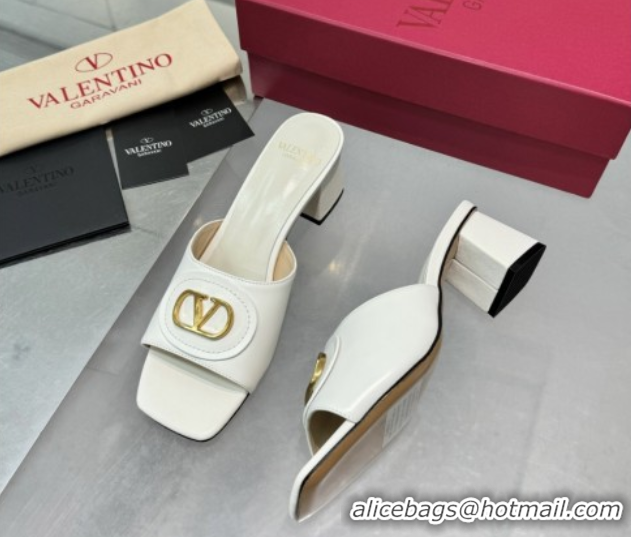 Perfect Valentino Vlogo Signature Heel Slides Sandal 6cm in Calfskin White 0902049