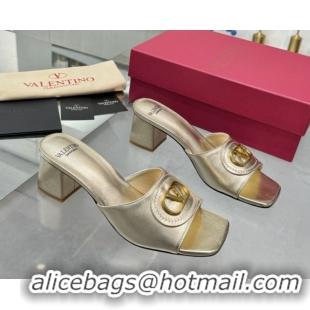 Shop Cheap Valentino Vlogo Signature Heel Slides Sandal 6cm in Calfskin Gold 0902050