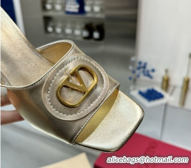 Shop Cheap Valentino Vlogo Signature Heel Slides Sandal 6cm in Calfskin Gold 0902050