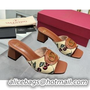 Buy Luxury Valentino Vlogo Signature Cherryfic Heel Slides Sandal 6cm in Jacquard Synthetic Raffia Brown 0902051