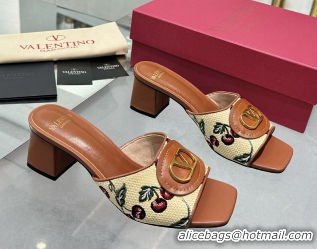 Buy Luxury Valentino Vlogo Signature Cherryfic Heel Slides Sandal 6cm in Jacquard Synthetic Raffia Brown 0902051
