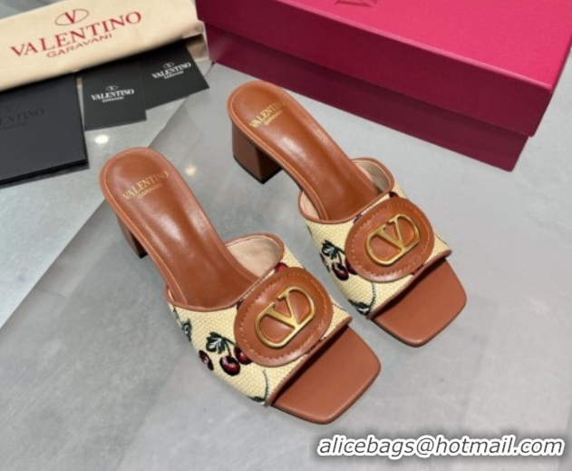 Buy Luxury Valentino Vlogo Signature Cherryfic Heel Slides Sandal 6cm in Jacquard Synthetic Raffia Brown 0902051