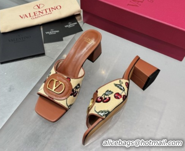 Buy Luxury Valentino Vlogo Signature Cherryfic Heel Slides Sandal 6cm in Jacquard Synthetic Raffia Brown 0902051