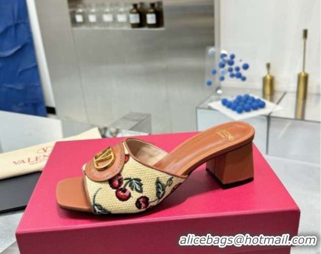 Buy Luxury Valentino Vlogo Signature Cherryfic Heel Slides Sandal 6cm in Jacquard Synthetic Raffia Brown 0902051