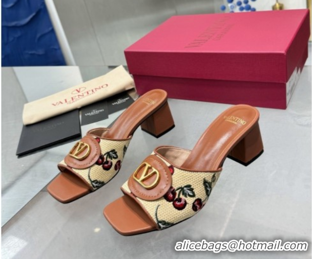 Buy Luxury Valentino Vlogo Signature Cherryfic Heel Slides Sandal 6cm in Jacquard Synthetic Raffia Brown 0902051