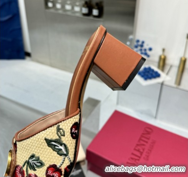 Buy Luxury Valentino Vlogo Signature Cherryfic Heel Slides Sandal 6cm in Jacquard Synthetic Raffia Brown 0902051