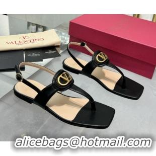 Top Grade Valentino Vlogo Signature Flat Thong Sandals in Calfskin Black 0902053