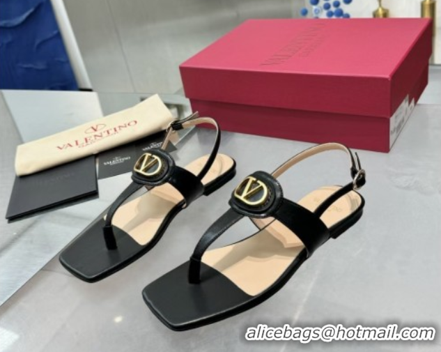 Top Grade Valentino Vlogo Signature Flat Thong Sandals in Calfskin Black 0902053