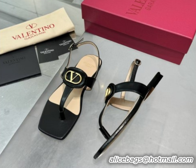 Top Grade Valentino Vlogo Signature Flat Thong Sandals in Calfskin Black 0902053