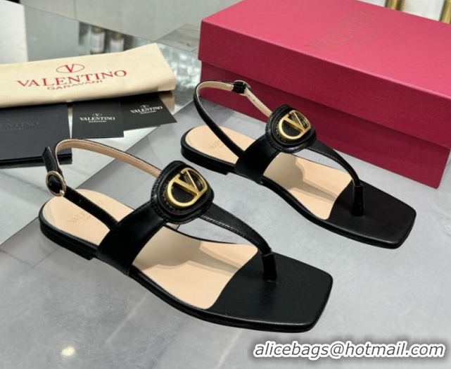 Top Grade Valentino Vlogo Signature Flat Thong Sandals in Calfskin Black 0902053
