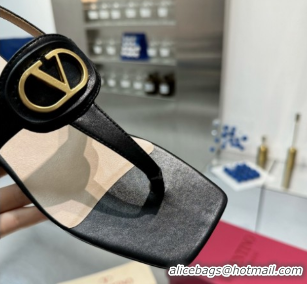 Top Grade Valentino Vlogo Signature Flat Thong Sandals in Calfskin Black 0902053