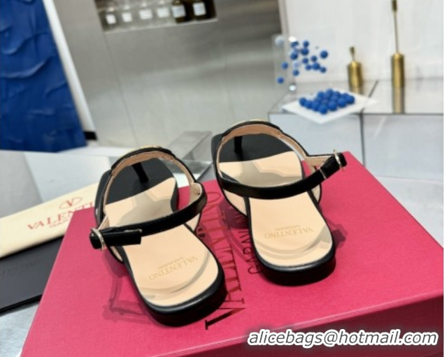 Top Grade Valentino Vlogo Signature Flat Thong Sandals in Calfskin Black 0902053