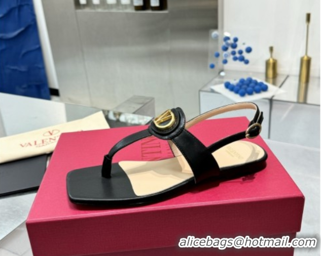 Top Grade Valentino Vlogo Signature Flat Thong Sandals in Calfskin Black 0902053