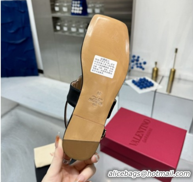 Top Grade Valentino Vlogo Signature Flat Thong Sandals in Calfskin Black 0902053