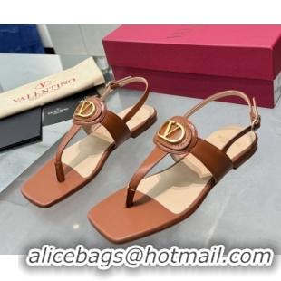 Classic Hot Valentino Vlogo Signature Flat Thong Sandals in Calfskin Brown 0902056