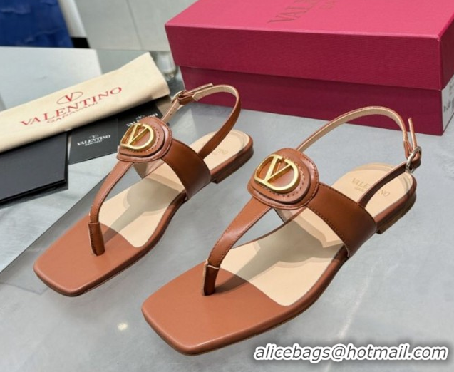 Classic Hot Valentino Vlogo Signature Flat Thong Sandals in Calfskin Brown 0902056