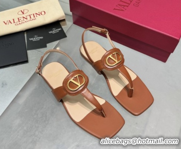Classic Hot Valentino Vlogo Signature Flat Thong Sandals in Calfskin Brown 0902056