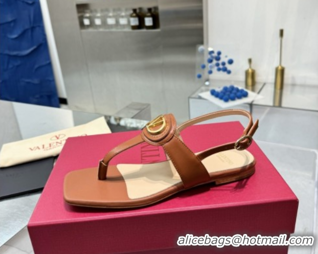 Classic Hot Valentino Vlogo Signature Flat Thong Sandals in Calfskin Brown 0902056