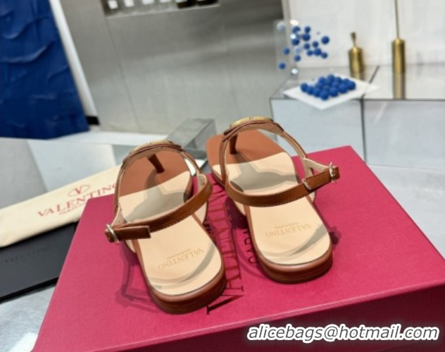 Classic Hot Valentino Vlogo Signature Flat Thong Sandals in Calfskin Brown 0902056