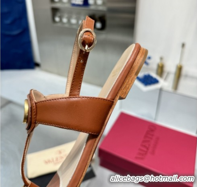 Classic Hot Valentino Vlogo Signature Flat Thong Sandals in Calfskin Brown 0902056