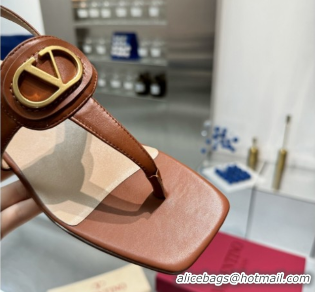 Classic Hot Valentino Vlogo Signature Flat Thong Sandals in Calfskin Brown 0902056
